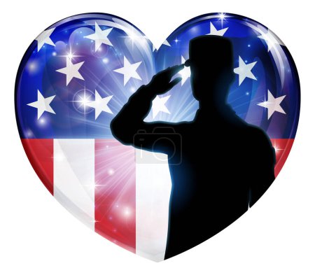 Ilustración de Un soldado saludando en un corazón patriótico de bandera americana - Imagen libre de derechos