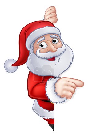 Téléchargez les illustrations : Père Noël personnage de dessin animé de Noël regardant autour d'un signe et pointant du doigt - en licence libre de droit