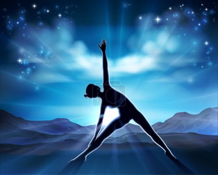 Ilustración de Una mujer en una posición de yoga o Pilates en silueta con el amanecer detrás de su concepto de fondo - Imagen libre de derechos
