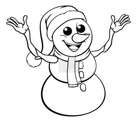 Téléchargez les illustrations : Un bonhomme de neige personnage de dessin animé de Noël dans un chapeau de Père Noël - en licence libre de droit