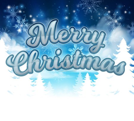 Ilustración de Un mensaje de Feliz Navidad con el paisaje de invierno maravilla y copos de nieve gráfico de dibujos animados - Imagen libre de derechos