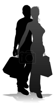 Téléchargez les illustrations : Silhouette d'un jeune homme et d'une jeune femme, probablement un couple ou un mari et une femme faisant du shopping tenant des sacs de vente au détail - en licence libre de droit