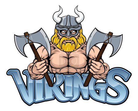 Téléchargez les illustrations : Mascotte de sport Viking tenant des haches dans un casque avec graphique texte - en licence libre de droit