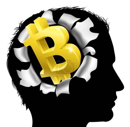 Illustration for A mans head in silhouette with gold Bitcoin sign symbol. Concept for thinking or dreaming about making money with Bitcoin - Royalty Free Image