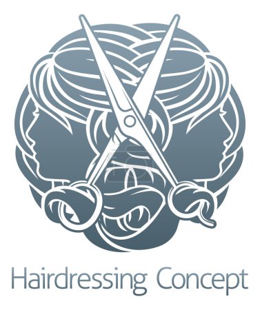 Illustration for An abstract hairdresser hair salon stylist concept with womens faces and scissors - Royalty Free Image