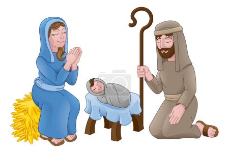 Ilustración de Dibujos animados del pesebre de Navidad, con el bebé Jesús, María y José en el pesebre. - Imagen libre de derechos