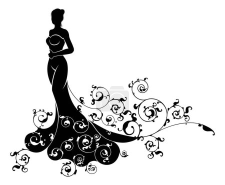 Téléchargez les illustrations : Une silhouette de mariée de mariage avec robe de mariée avec un motif floral abstrait concept design - en licence libre de droit