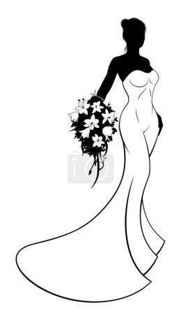 Illustration for Wedding concept of bride silhouette in white bridal dress gown holding a floral bouquet of flowers - Royalty Free Image