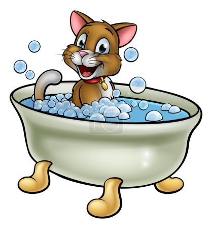 Téléchargez les illustrations : Cartoon caractère chat lavage dans la salle de bain avec des bulles - en licence libre de droit