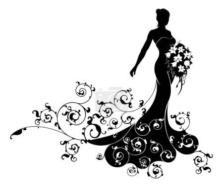 Téléchargez les illustrations : Une mariée en silhouette dans une robe de mariée tenant un bouquet floral de fleurs et un motif floral abstrait - en licence libre de droit