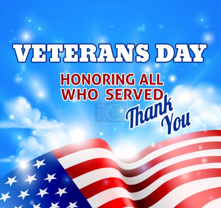 Ilustración de Un fondo del Día de los Veteranos con un cielo y bandera americana y mensaje de agradecimiento - Imagen libre de derechos