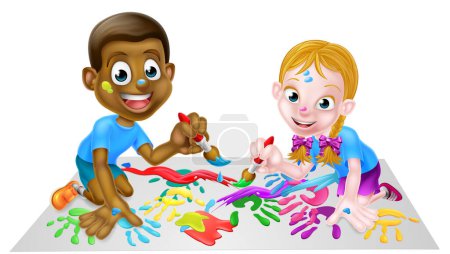 Illustration for Cartoon boy and girl kids playing with paints and paintbrushes - Royalty Free Image