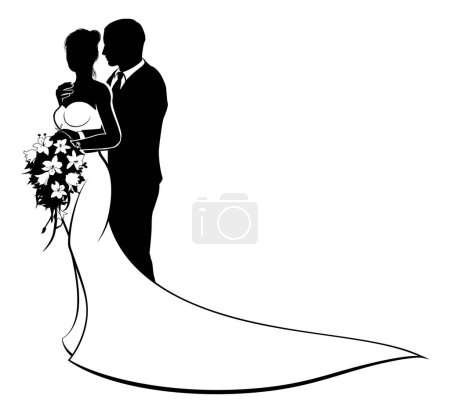 Illustration for Wedding design of bride and groom couple in silhouette, in a white bridal dress gown holding a floral bouquet of flowers - Royalty Free Image