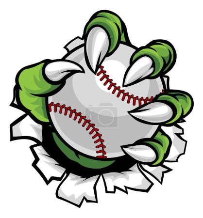 Illustration for A monster or animal claw holding a baseball ball and breaking through the background - Royalty Free Image