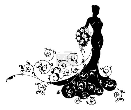 Illustration for Wedding bride wife in silhouette, the bride in a bridal wedding dress gown holding a floral bouquet of flowers and an abstract floral pattern - Royalty Free Image