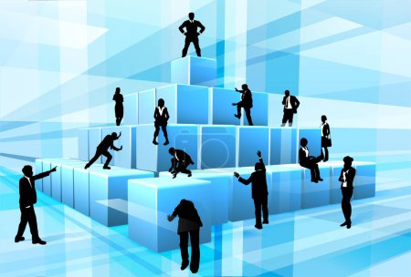 Illustration for Teamwork concept of a business team of people silhouettes working together using big building blocks to make a structure. - Royalty Free Image