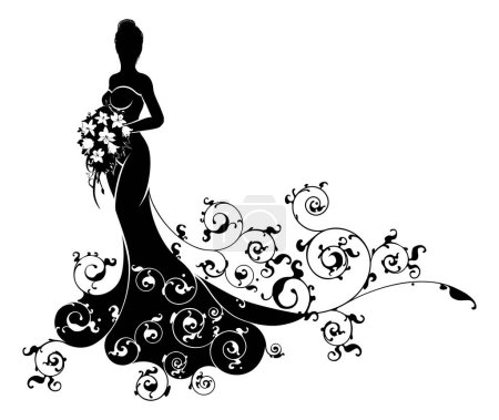 Téléchargez les illustrations : Mariée en silhouette, en robe de mariée blanche tenant un bouquet floral de fleurs avec un motif abstrait - en licence libre de droit