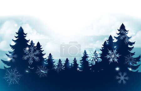 Téléchargez les illustrations : Silhouette Noël arbres à feuilles persistantes contre une scène de ciel d'hiver avec chute de neige et fond de pied de page flocons de neige - en licence libre de droit