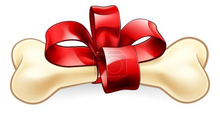 Téléchargez les illustrations : Un chien de compagnie os cadeau de Noël ou d'anniversaire enveloppé dans un arc rouge et un ruban - en licence libre de droit
