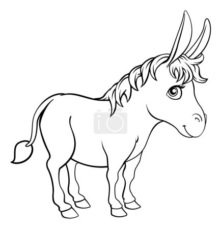Téléchargez les illustrations : Un âne animal mignon personnage de dessin animé noir et blanc coloriage illustration - en licence libre de droit