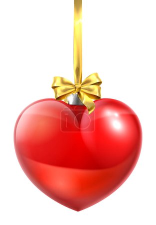 Illustration for A heart shaped Christmas ball bauble ornament with a gold bow and ribbon - Royalty Free Image