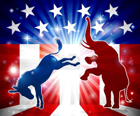 Téléchargez les illustrations : Un âne frappant un éléphant en silhouette avec un drapeau américain en arrière-plan animaux de mascotte politiques démocrates et républicains - en licence libre de droit