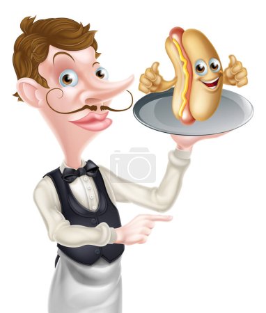 Téléchargez les illustrations : Illustration d'un serveur Hotdog dessin animé Butler Pointing - en licence libre de droit