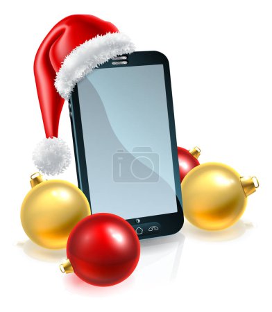 Téléchargez les illustrations : Une illustration conceptuelle de téléphone portable de Noël avec un chapeau de Père Noël, des boules et de l'espace de copie sur l'écran - en licence libre de droit