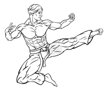 Illustration for A karate or kung fu martial artist delivering a flying kick wearing gi trousers and belt in outline - Royalty Free Image