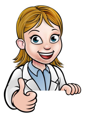 Illustration for A cartoon scientist professor wearing lab white coat peeking above sign and giving a thumbs up - Royalty Free Image