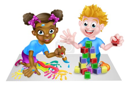 Illustration for Cartoon boy and girl, black and white, playing with toys, with paints and toy building blocks - Royalty Free Image