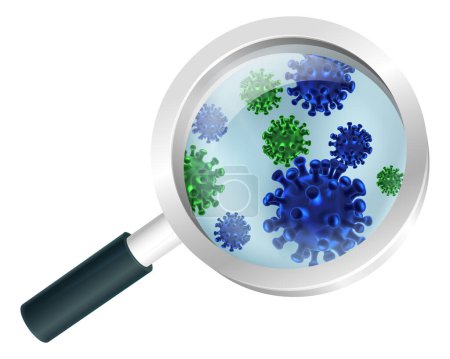 Téléchargez les illustrations : Bactéries ou virus sous un concept de loupe illustration - en licence libre de droit