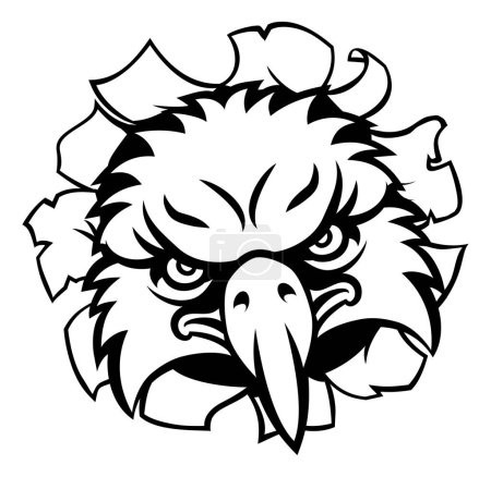 Ilustración de Un pájaro águila mascota deportiva personaje de dibujos animados rasgando a través del fondo - Imagen libre de derechos