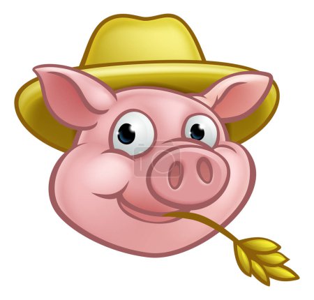 Téléchargez les illustrations : Un personnage de dessin animé de porc avec un chapeau de paille. Peut-être un fermier ou l'un des trois petits cochons qui ont construit sa maison de paille. - en licence libre de droit