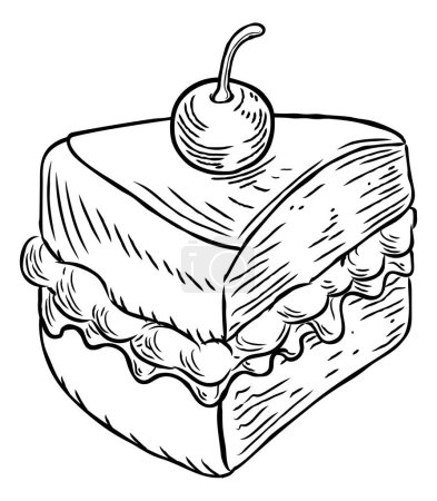 Illustration for A jam and cream Victoria sponge cake slice with cherry, hand draw in a retro vintage woodcut engraved or etched style. - Royalty Free Image
