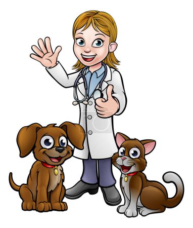 Ilustración de A vet cartoon character with pet cat and dog animals - Imagen libre de derechos