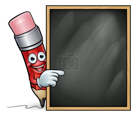 Illustration for A pencil cartoon character education mascot pointing at a school blackboard - Royalty Free Image