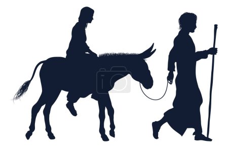 Illustration for A nativity Christmas illustration of the Virgin Mary and Joseph with donkey in silhouette on their journey - Royalty Free Image