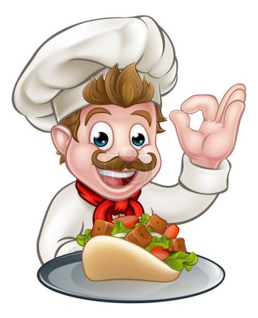 Téléchargez les illustrations : Un personnage de chef de bande dessinée tenant un kebab et faisant un geste parfait - en licence libre de droit