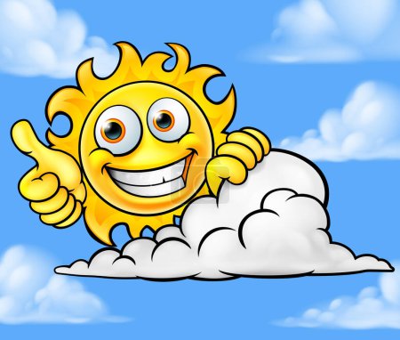 Ilustración de Una mascota del personaje de dibujos animados del sol sonriendo y dando un pulgar hacia arriba desde detrás de una ilustración de fondo de nube - Imagen libre de derechos