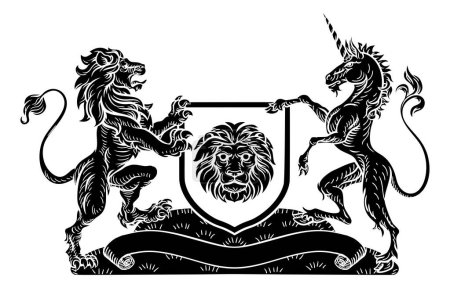 Téléchargez les illustrations : Un emblème héraldique médiéval armoiries mettant en vedette des partisans du lion et de la licorne flanquant une charge de bouclier dans un style de bloc de bois vintage. - en licence libre de droit