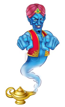 Ilustración de Una caricatura de genio de aspecto malvado como en la historia de Aladdin saliendo de una lámpara mágica y señalando con los dedos - Imagen libre de derechos