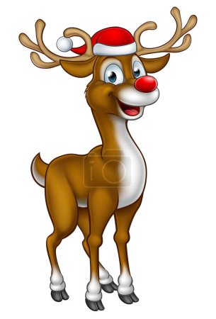 Ilustración de Un personaje de los renos de Navidad de dibujos animados con un sombrero de Papá Noel - Imagen libre de derechos