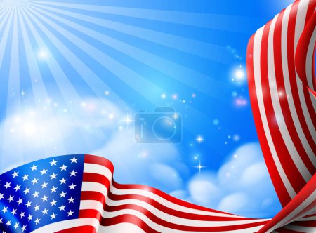 Illustration for American flag design against a sky with clouds background design - Royalty Free Image