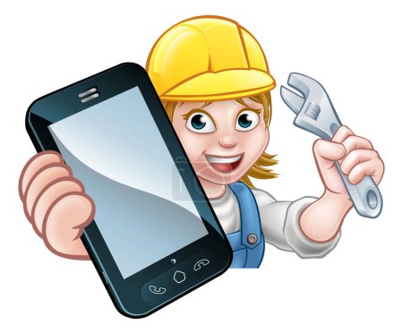 Illustration for A plumber, mechanic or handyman holding a spanner and phone with copyspace - Royalty Free Image