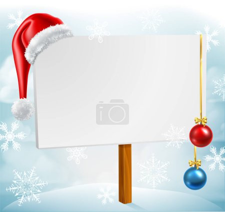 Téléchargez les illustrations : Un panneau de Noël avec un chapeau du Père Noël et des décorations de boules dans une scène de neige d'hiver avec des flocons de neige tombant - en licence libre de droit