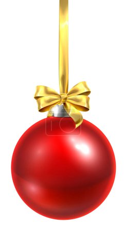 Téléchargez les illustrations : Une boule de Noël boule ornement en verre rouge avec un arc d'or et un ruban - en licence libre de droit