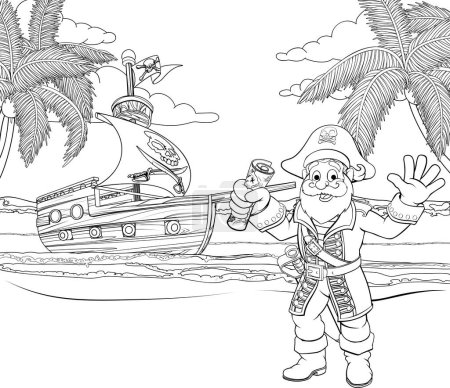 Illustration for A cartoon pirate on a beach holding a treasure map with his ship in the background childrens coloring page illustration - Royalty Free Image