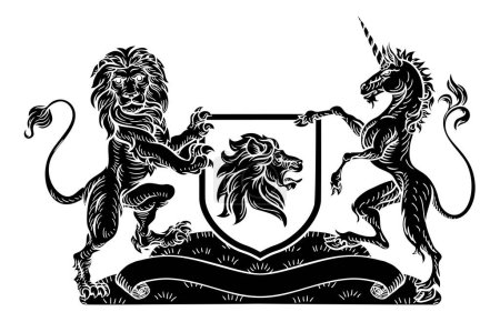 Ilustración de Un emblema de escudo de armas heráldico medieval con leones guardianes rampantes y partidarios de animales unicornio que flanquean una carga de escudo en un estilo de bloque de madera vintage. - Imagen libre de derechos