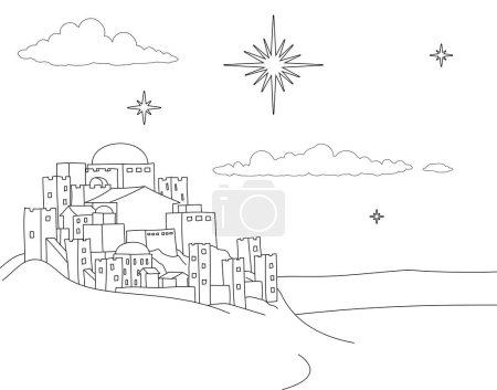 Téléchargez les illustrations : Un dessin animé de la crèche de Noël, avec la ville de Bethléem et l'étoile ci-dessus. Illustration religieuse chrétienne. - en licence libre de droit